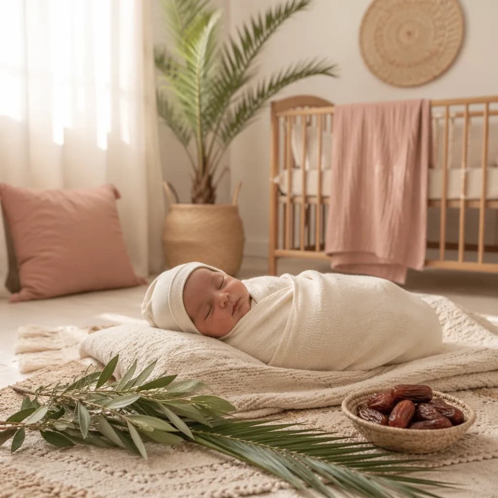 A peaceful swaddled newborn in a warm pastel nursery with gentle Arabic-inspired details.