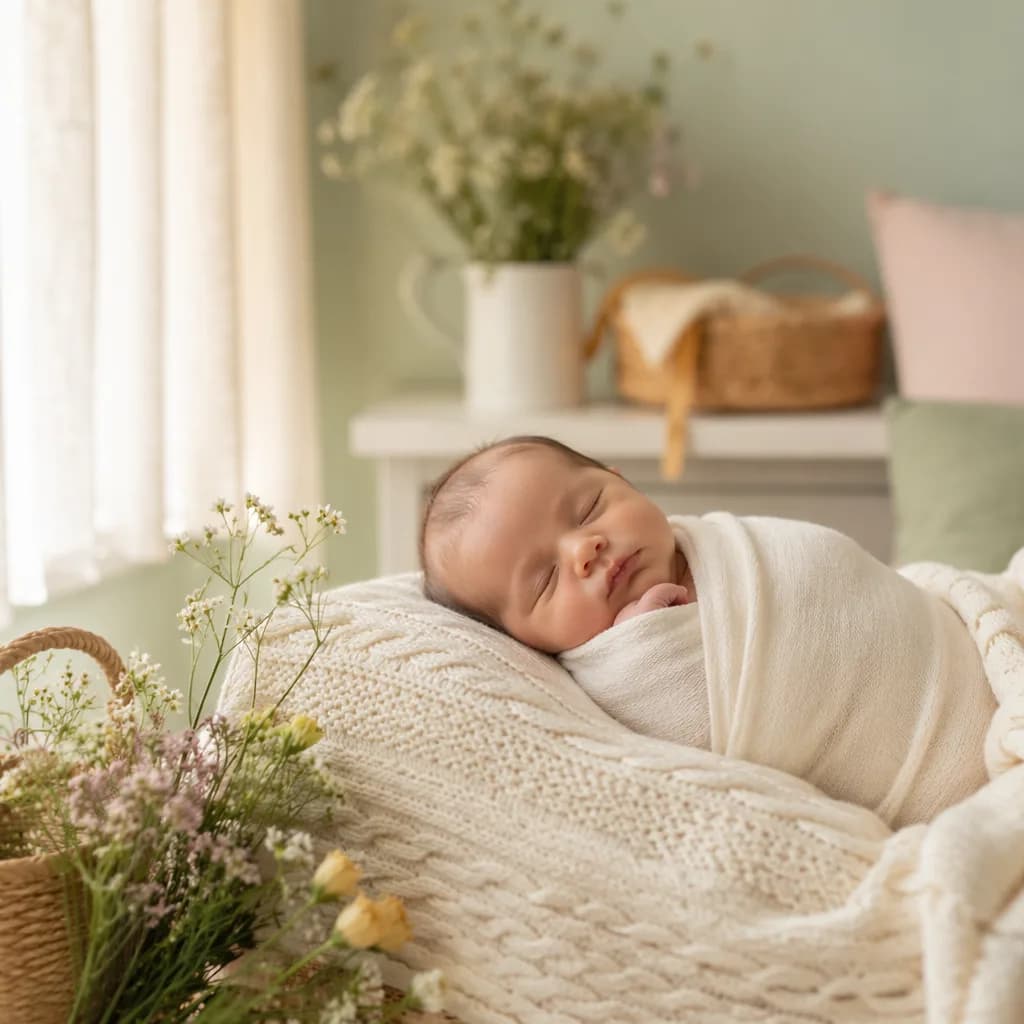Sleeping newborn in a cozy Irish-inspired pastel nursery with soft natural light.