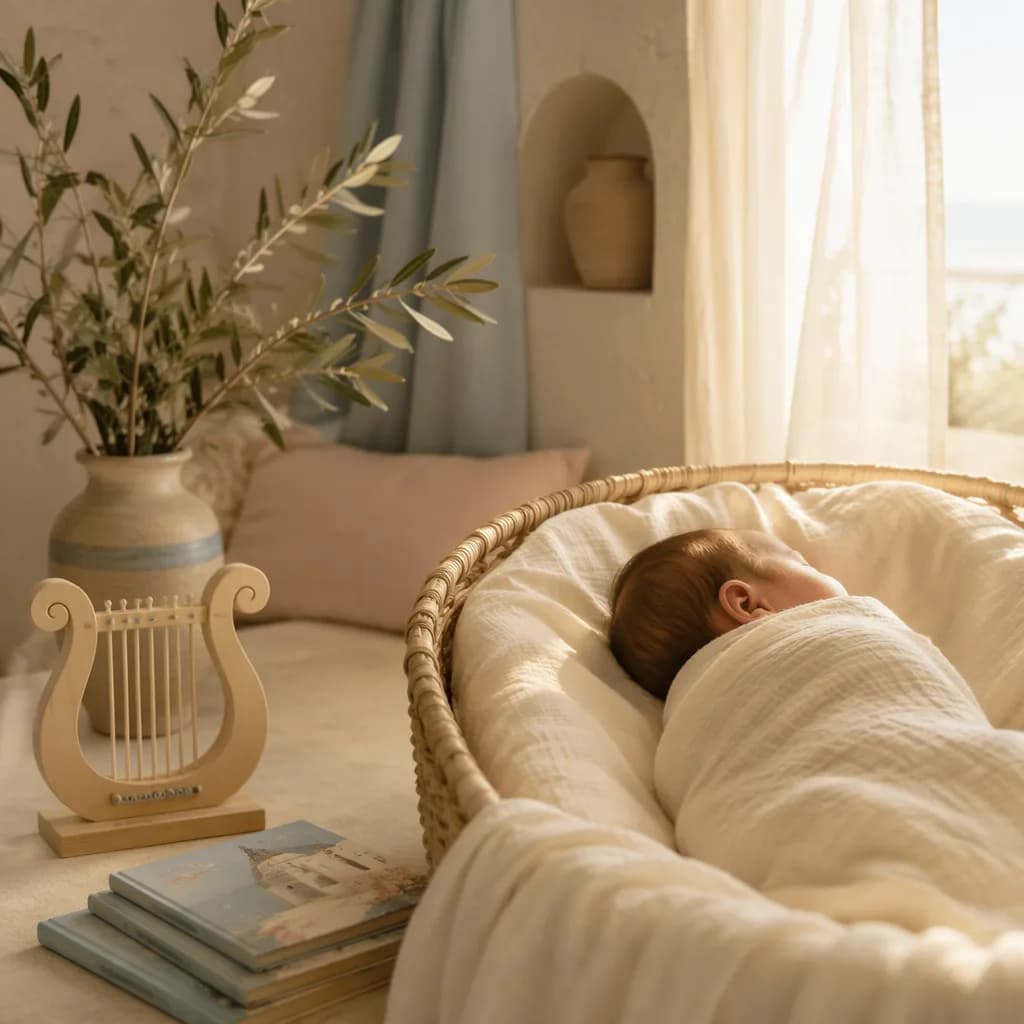 Soft Greek-inspired nursery with a swaddled baby, lyre toy, olive branches, and warm golden light.