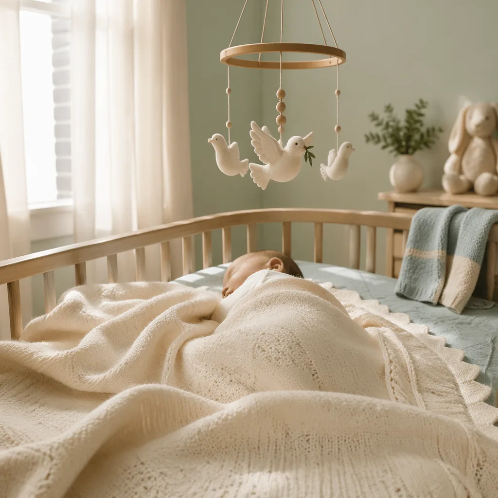 Sleeping baby in a soft pastel nursery with a dove mobile.