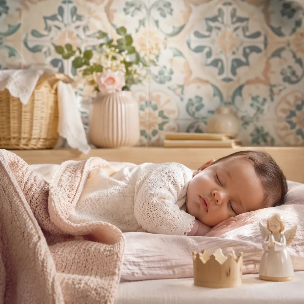 Sleeping baby in a soft pastel Portuguese-inspired nursery with a wooden crown accent.