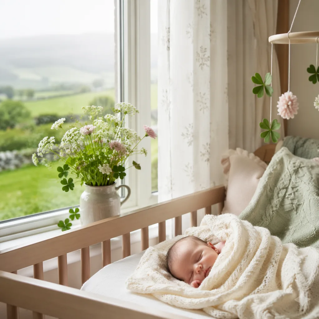 A peaceful baby nursery with soft Irish-inspired accents and warm morning light.
