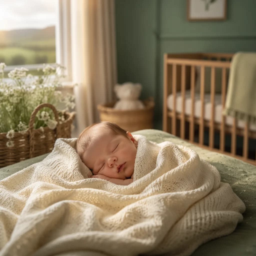 Sleeping newborn in a cozy Irish-inspired nursery with soft wildflowers and warm natural light