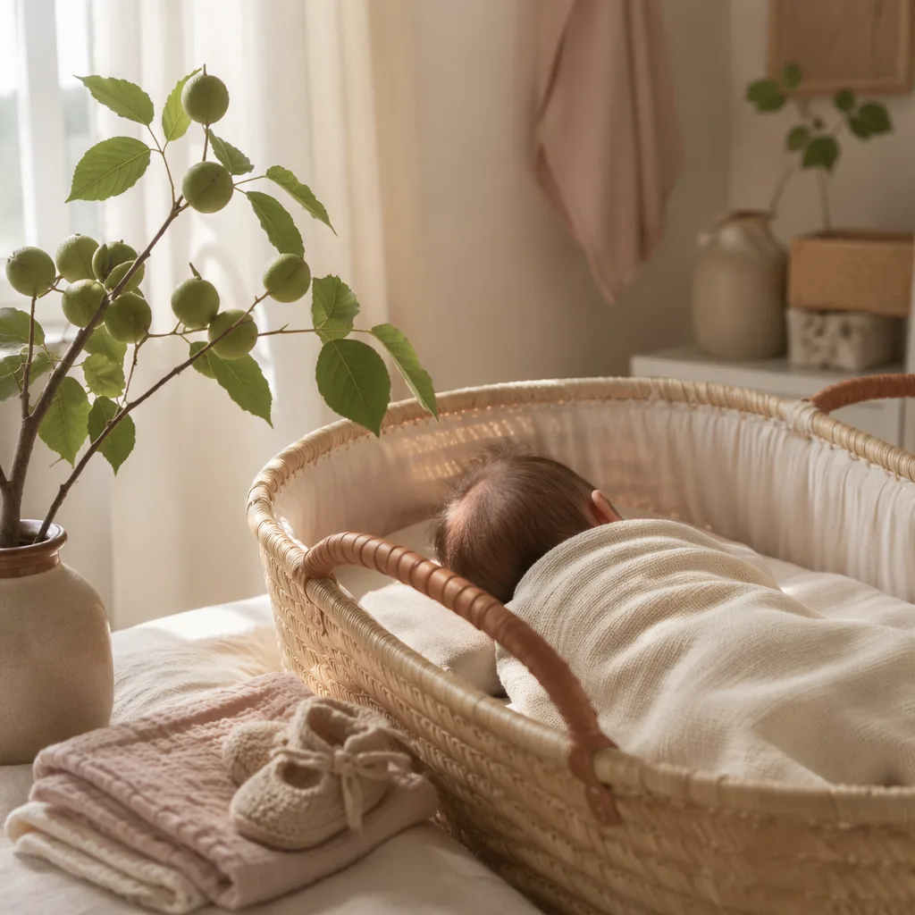 Soft pastel Spanish nursery scene with a sleeping baby, walnut branch, and cozy keepsakes.