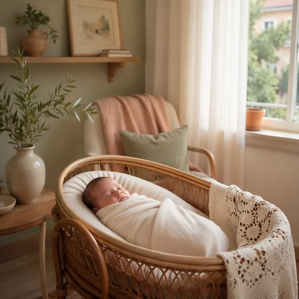 Peaceful swaddled baby in a softly lit pastel nursery with Italian-inspired details.