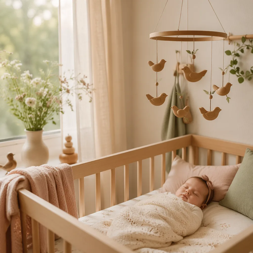Peaceful baby in a cozy pastel nursery with a wooden bird mobile and soft natural light.