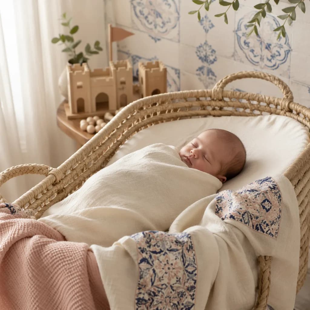 Sleeping newborn in a soft Portuguese-inspired nursery with pastel linens and a wooden castle toy.