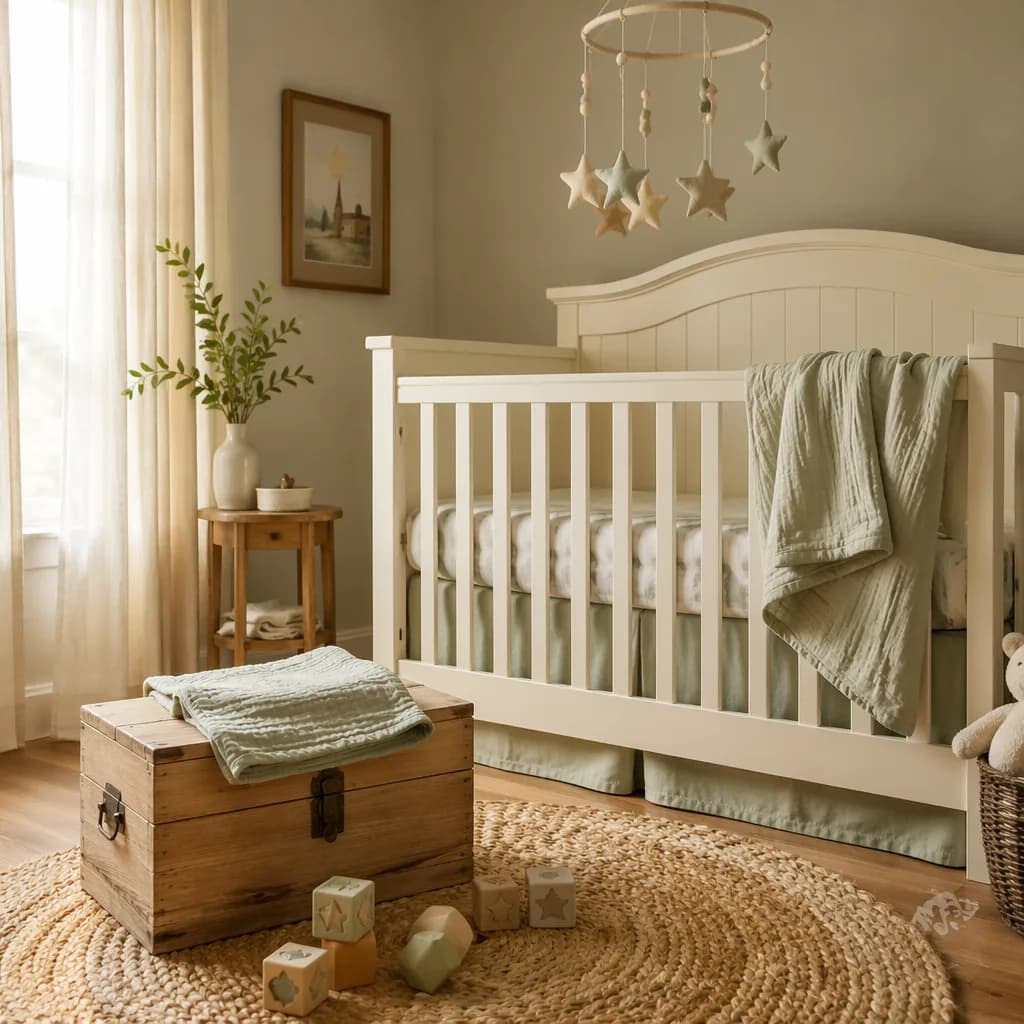 Cozy pastel nursery with a crib, keepsake chest, and soft star mobile.