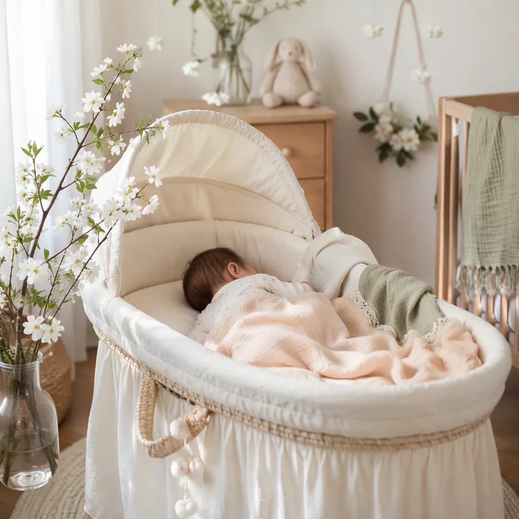 A peaceful baby nursery with soft spring blossoms and pastel linens.