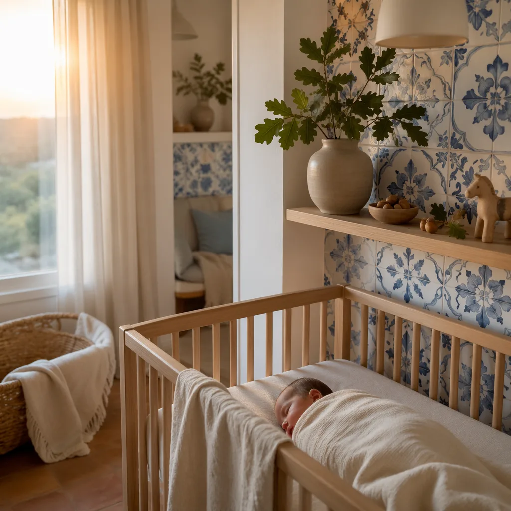 A softly lit pastel nursery with a swaddled sleeping baby, dawn light, and subtle oak leaf details.