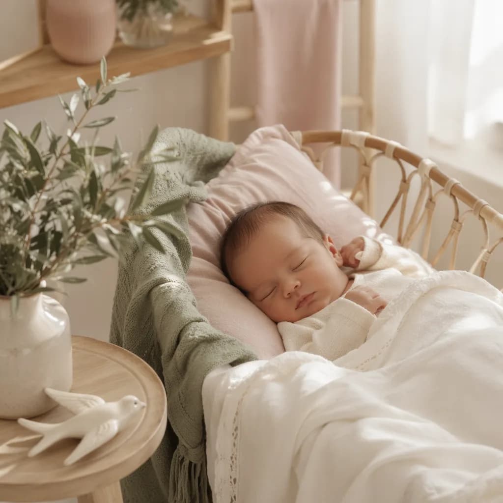 Sleeping newborn in a soft Portuguese-inspired pastel nursery with olive branch and ceramic swallow.