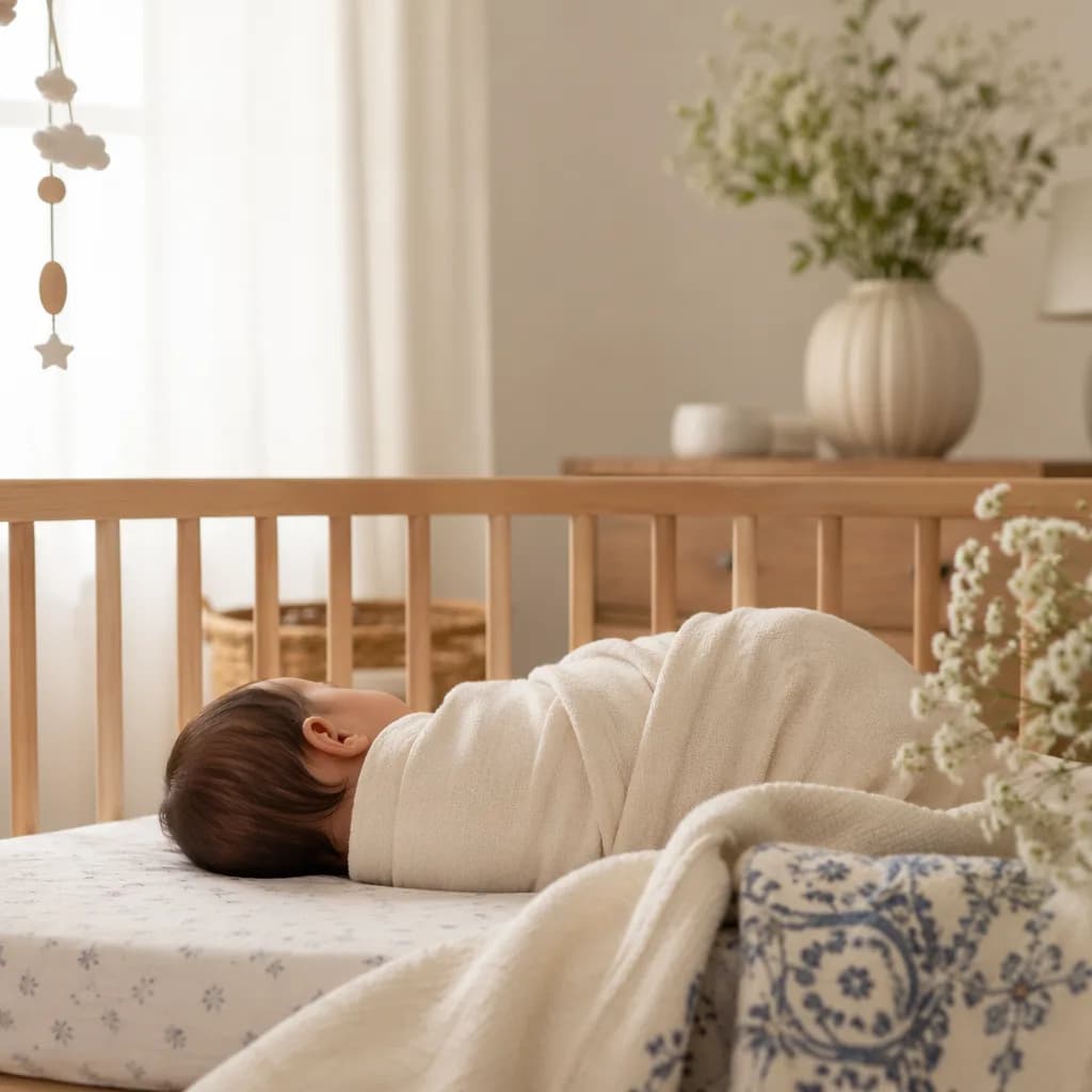 A softly lit pastel nursery with a swaddled baby and delicate Portuguese-inspired details.