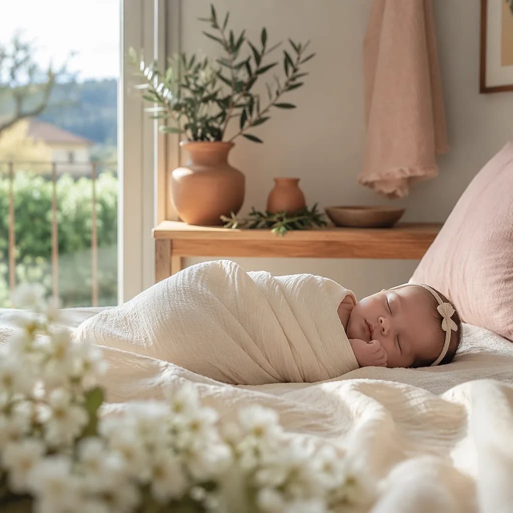 Soft Italian-inspired nursery with a sleeping swaddled baby, white flowers, and warm natural light.