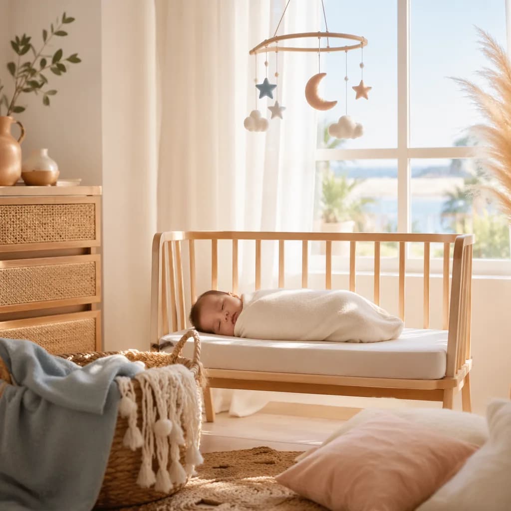 A peaceful baby nursery with soft celestial decor and warm natural light.