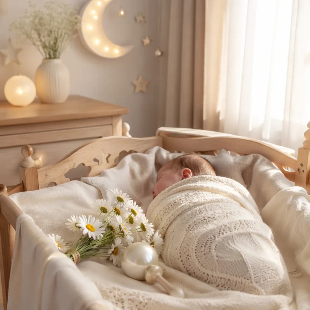 Sleeping newborn in a soft pastel Polish-inspired nursery with celestial and pearl details.