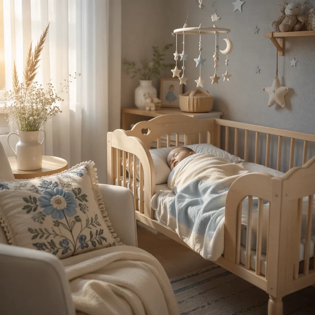 Peaceful pastel nursery with a swaddled baby and subtle moon and star decor.