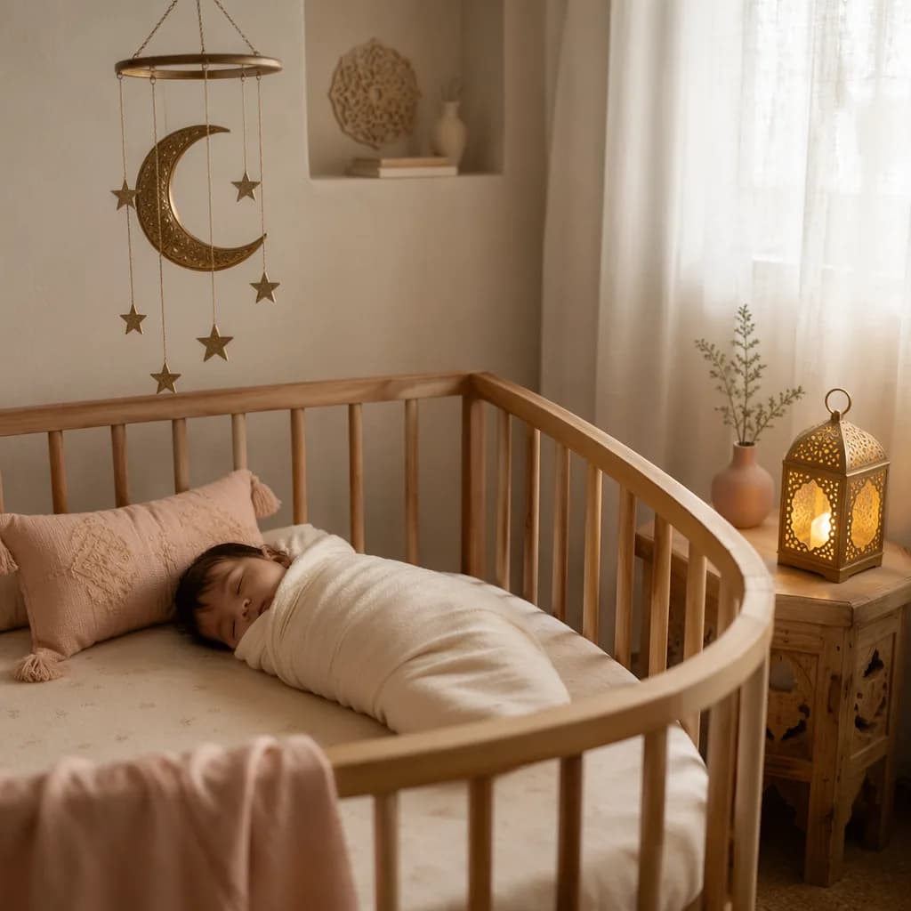 Peaceful Arabic baby nursery with crescent moon mobile and soft glowing light.