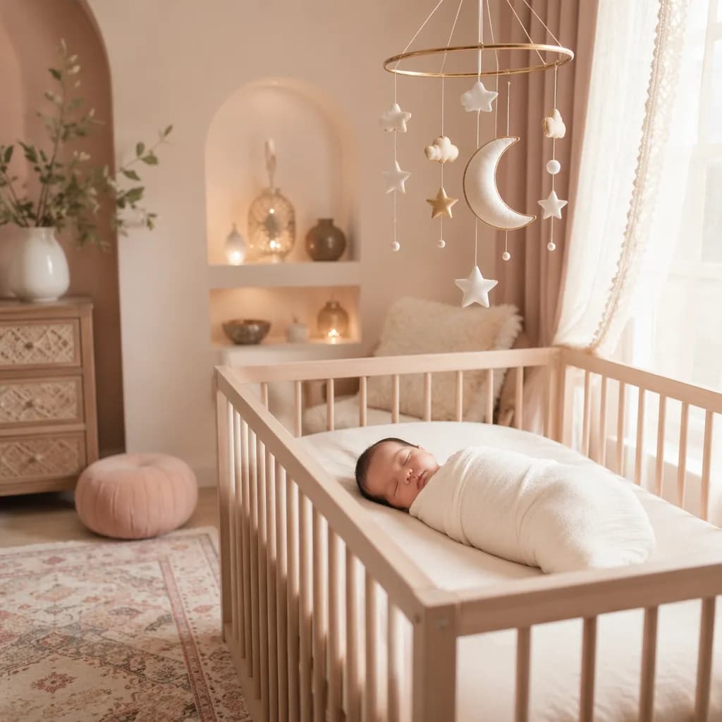 Sleeping newborn in a soft pastel nursery with crescent moon decor