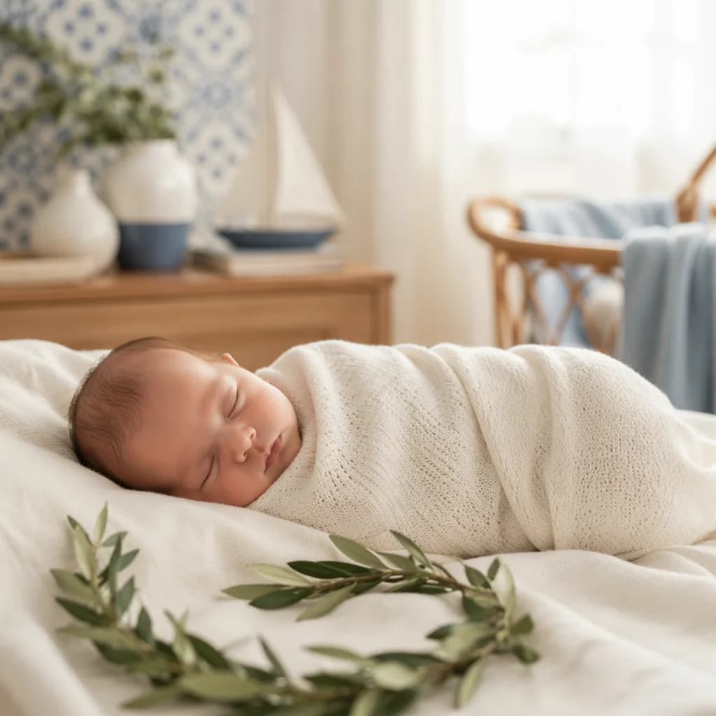 Sleeping baby in a soft Portuguese-inspired nursery with gentle laurel greenery.
