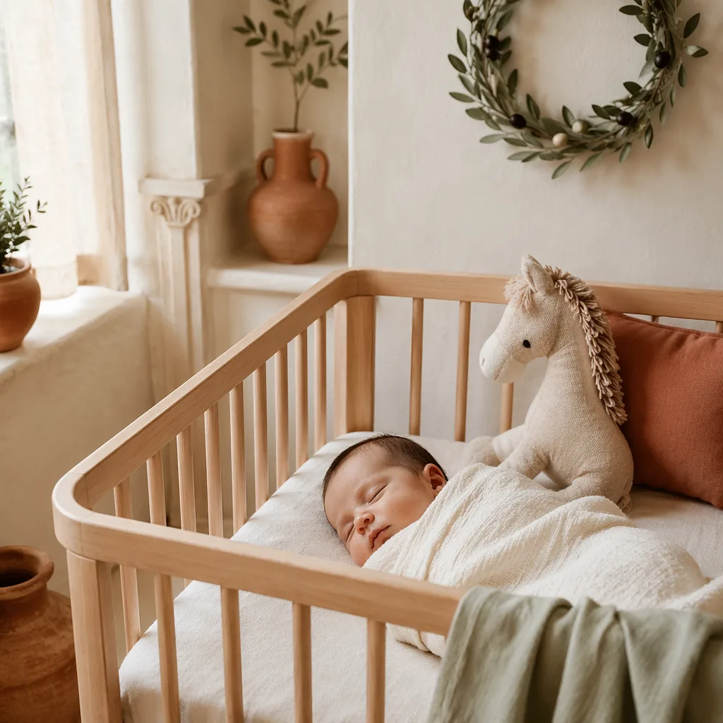 Sleeping baby in a cozy Italian-inspired nursery with an olive wreath and plush horse.