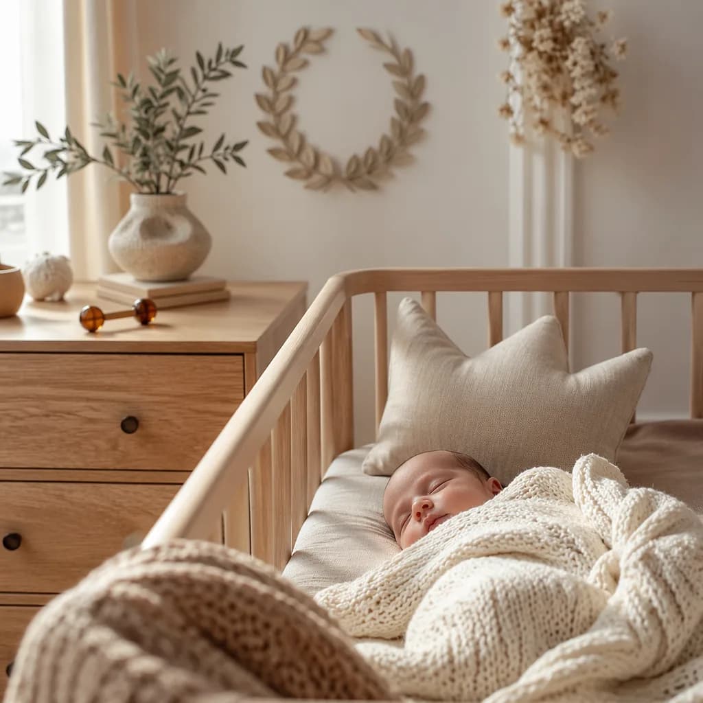 A peaceful baby in a soft pastel nursery with laurel and amber accents.