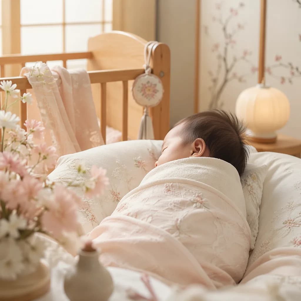 Sleeping Korean baby in a soft pastel nursery with gentle natural light.