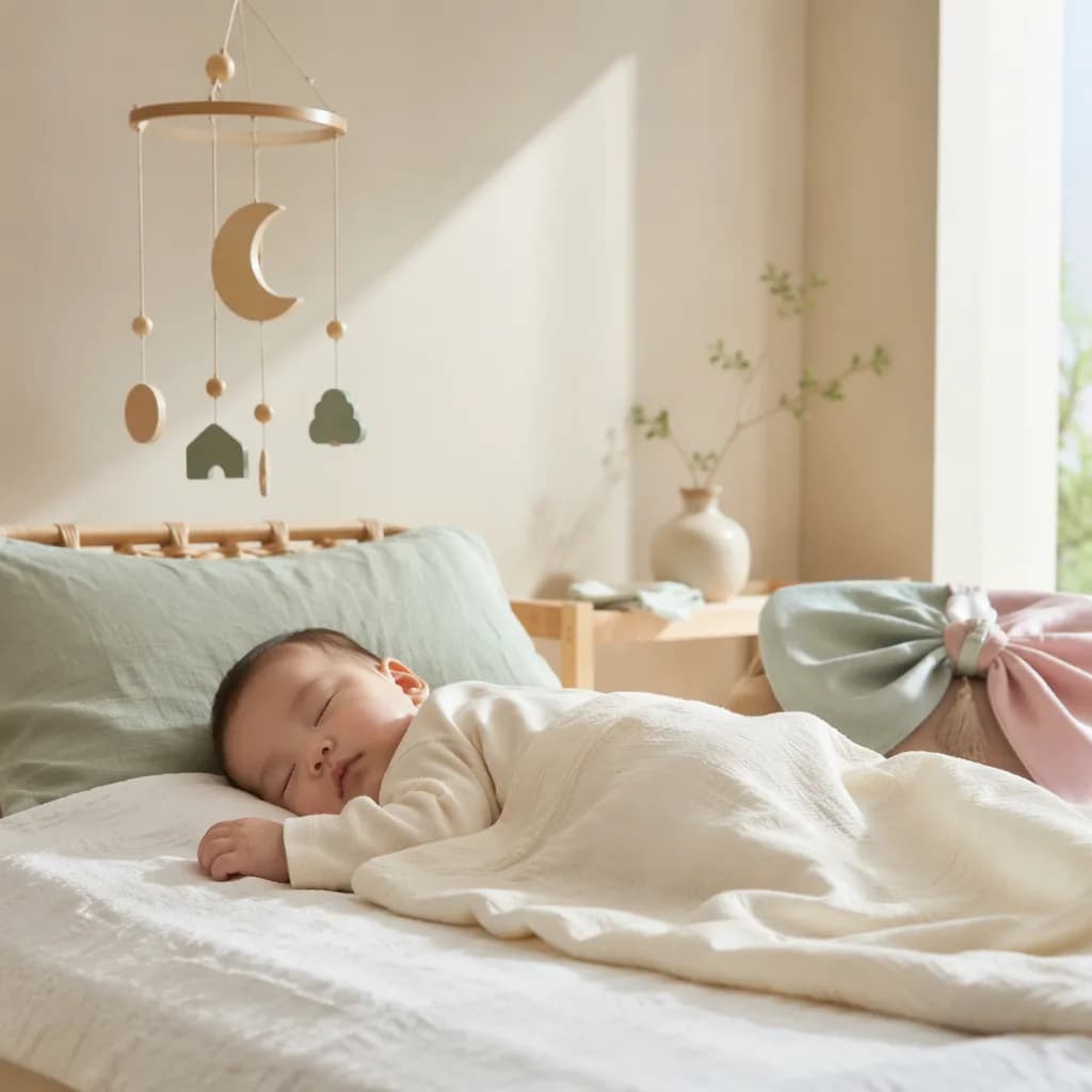 Sleeping baby in a soft pastel Korean-inspired nursery with gentle natural light