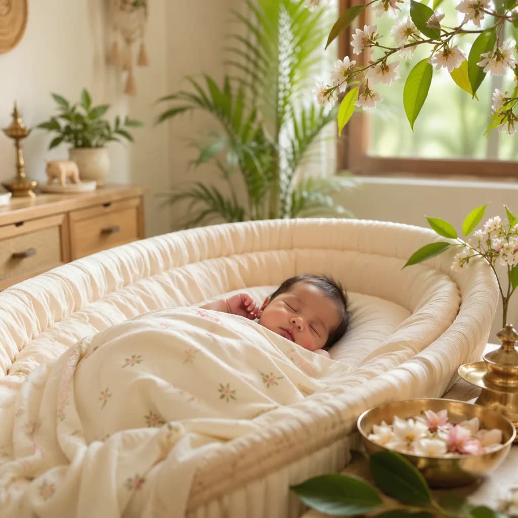 A sleeping newborn in a pastel nursery with spring blossoms and soft South Indian-inspired accents.