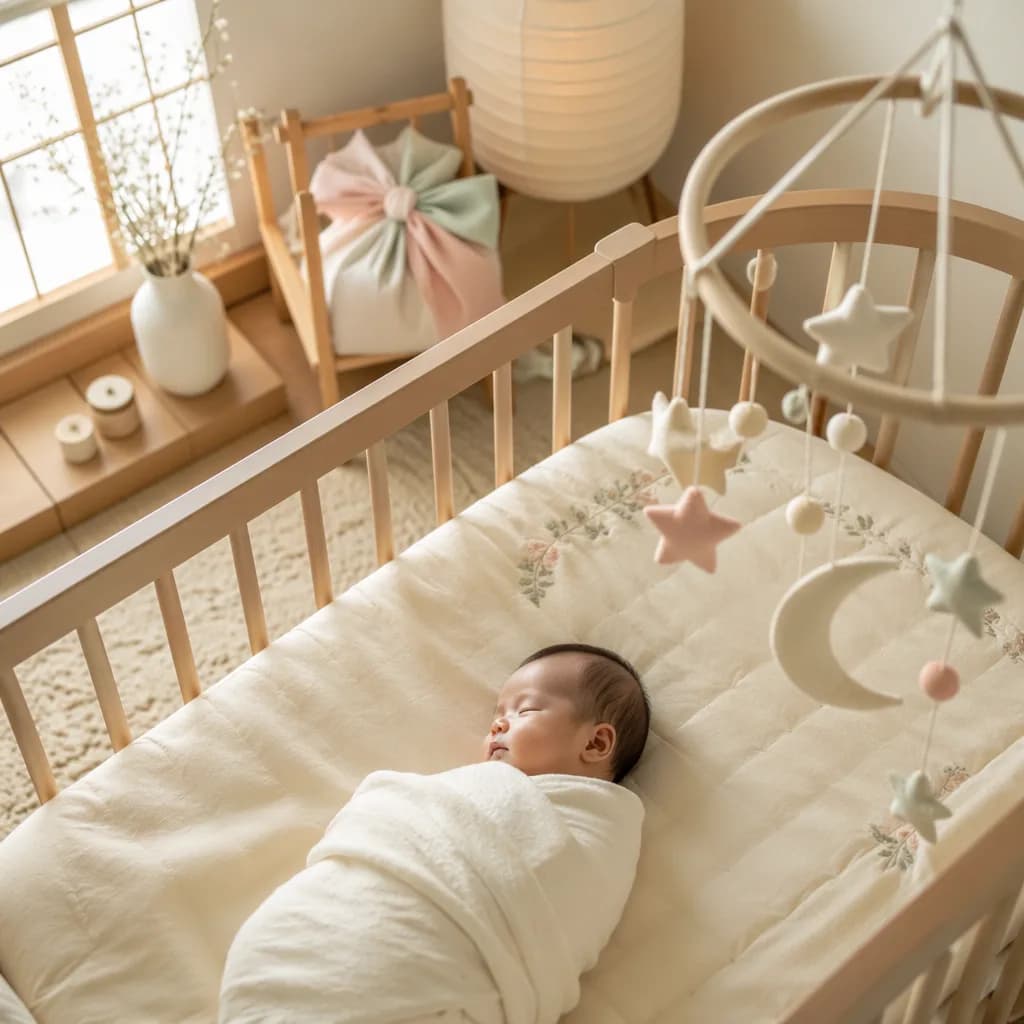 A softly lit Korean-inspired nursery with a swaddled sleeping baby and pastel decor.