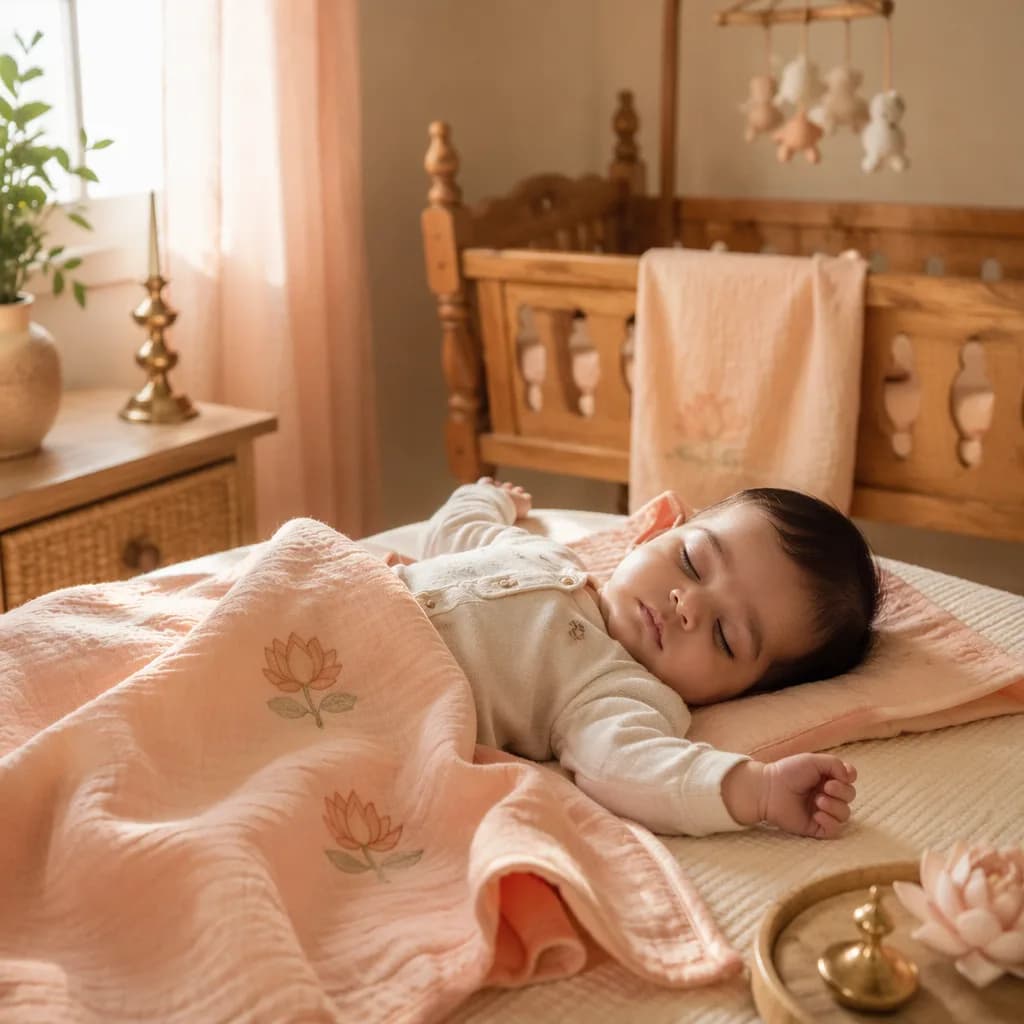 Peaceful baby in a softly lit pastel nursery with subtle lotus details.