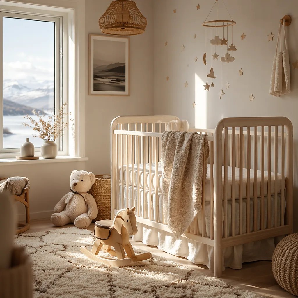 Soft Scandinavian nursery with pale wood crib, knitted blanket, and gentle northern-inspired decor.