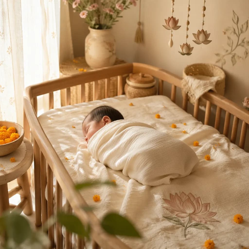 A peaceful pastel nursery with a swaddled newborn and gentle Indian-inspired details.