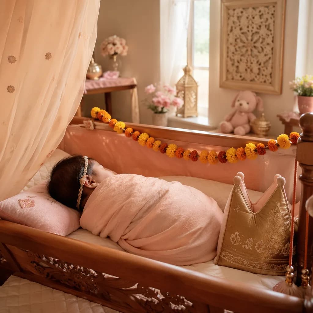 Soft pastel nursery scene with a swaddled baby and gentle Indian-inspired decor.