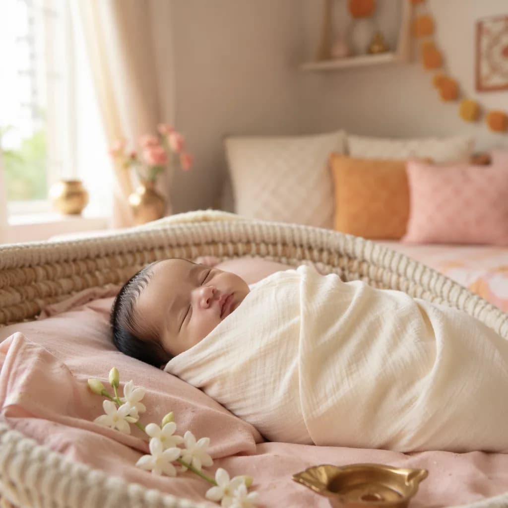 Peaceful swaddled baby in a soft pastel nursery with subtle Indian-inspired decor.