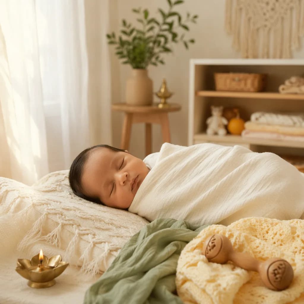 A peaceful swaddled newborn in a warm pastel nursery with subtle Sanskrit-inspired decor.