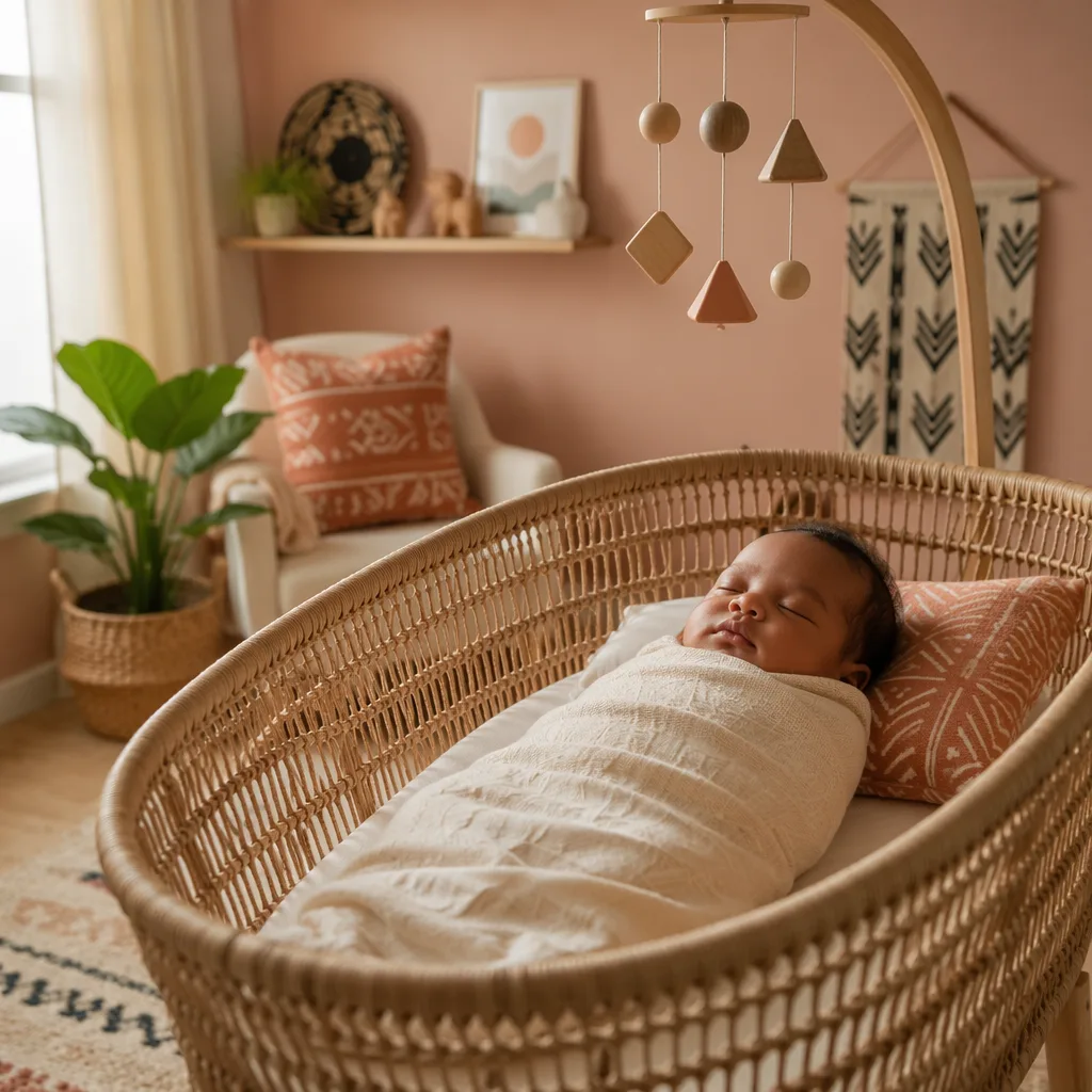A sleeping Nigerian newborn in a cozy pastel nursery with soft natural light.