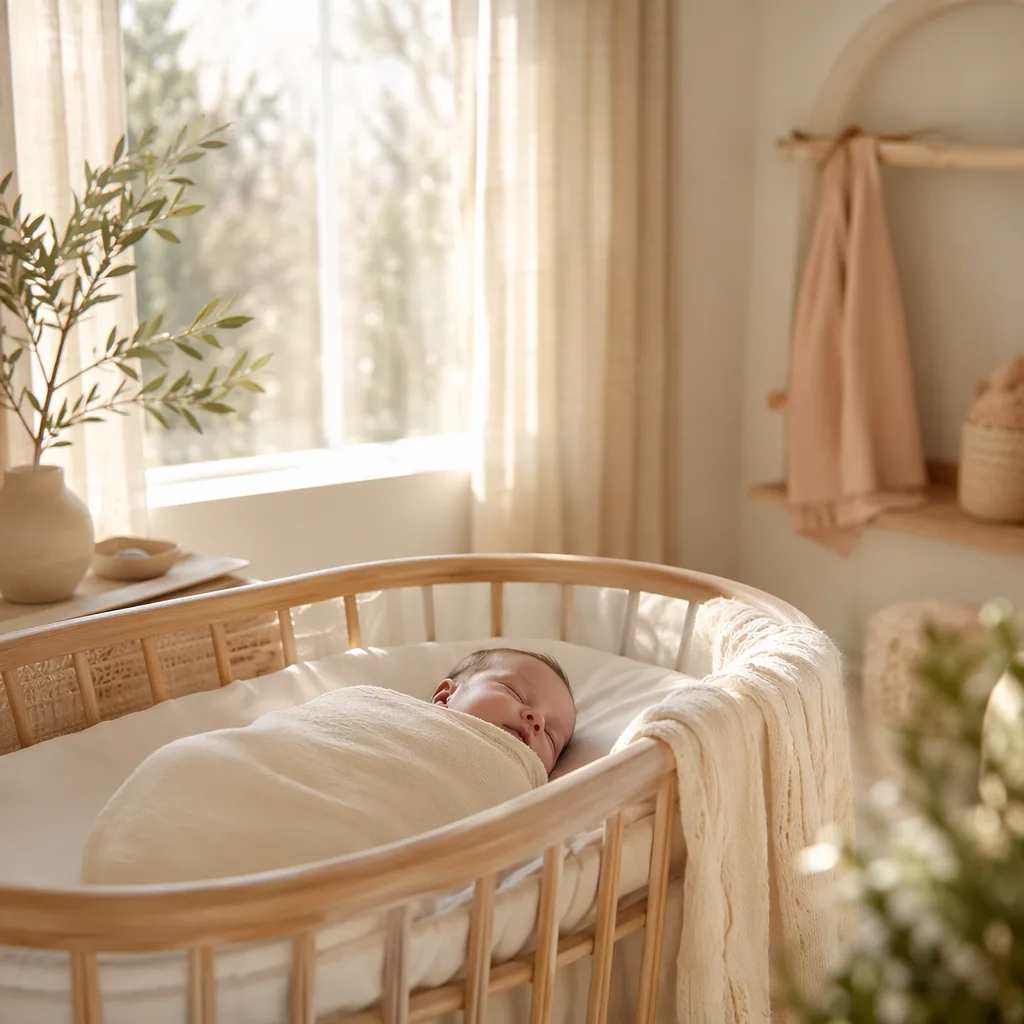 A softly lit Italian-inspired nursery with a swaddled sleeping baby and gentle olive branch decor.