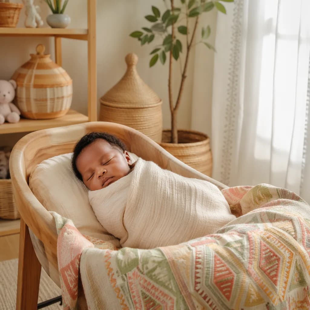 Peaceful newborn in a cozy nursery with soft Igbo-inspired textile accents.