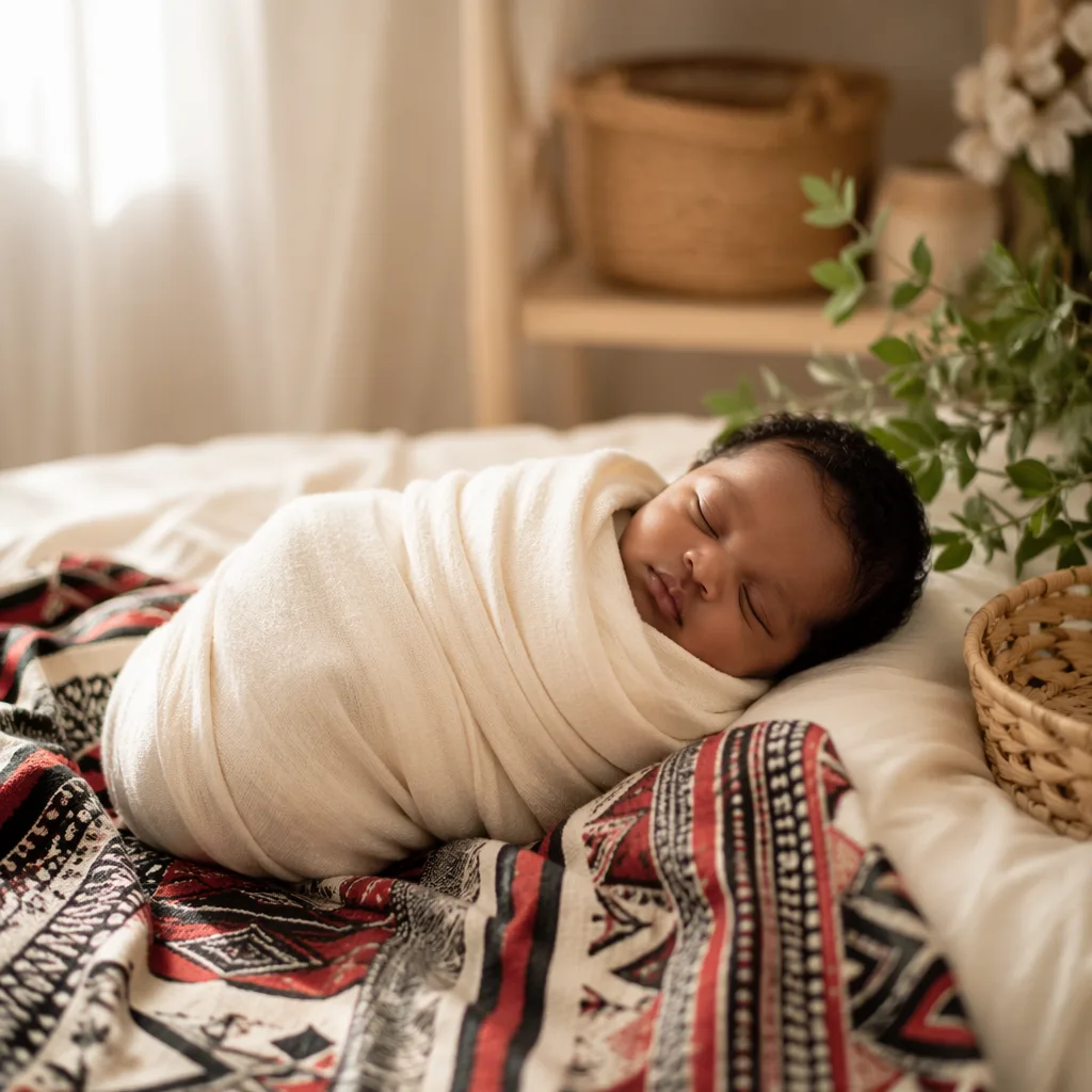 Peaceful newborn in a warm Igbo-inspired nursery with soft natural light.