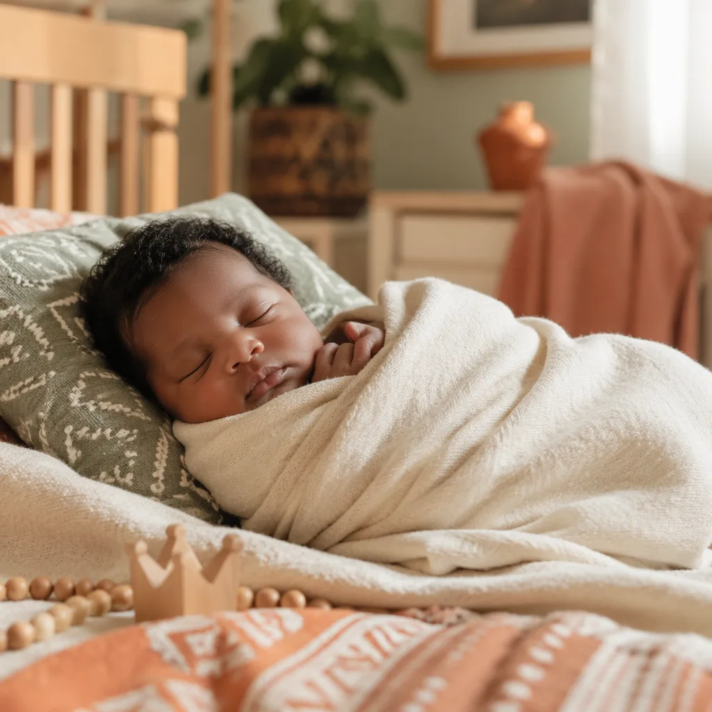 Sleeping newborn in a warm Igbo-inspired nursery with soft blankets and a wooden crown keepsake.