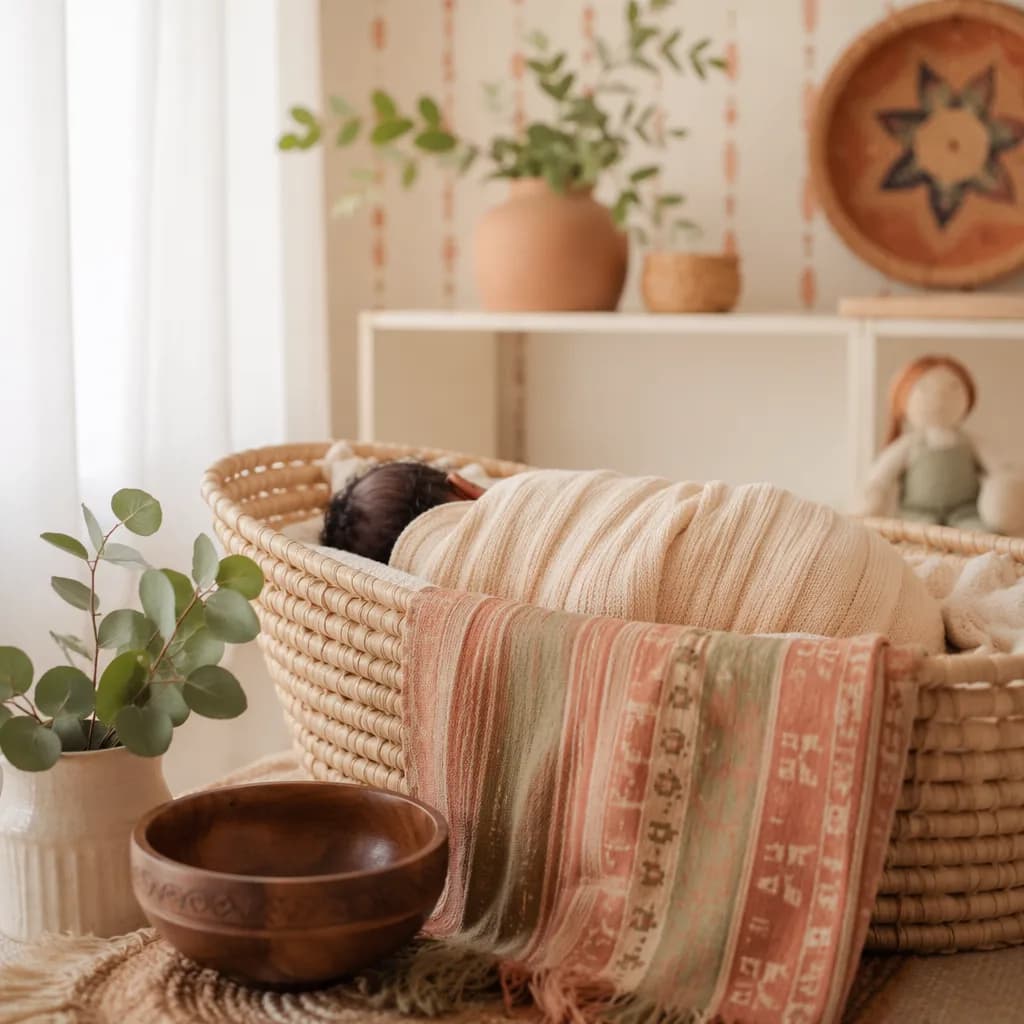 Sleeping swaddled baby in a warm Igbo-inspired nursery with soft natural light.