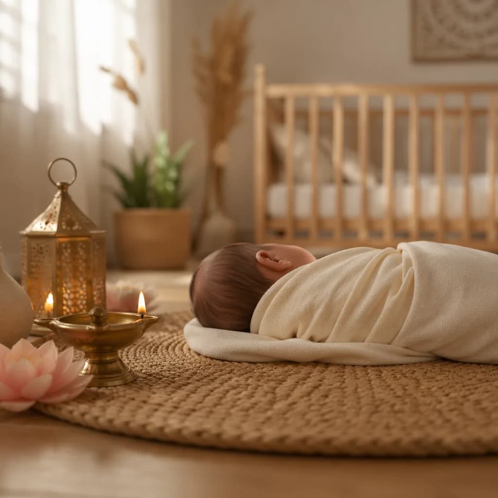 A softly lit nursery with a swaddled baby and a warm brass lamp symbolizing light and joy.