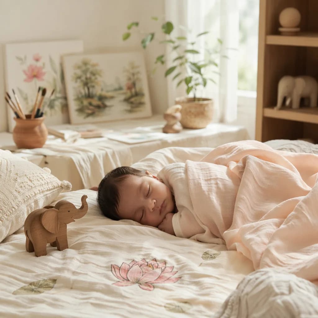 A softly lit cozy nursery with a swaddled baby, pastel art details, and gentle lotus-inspired decor.