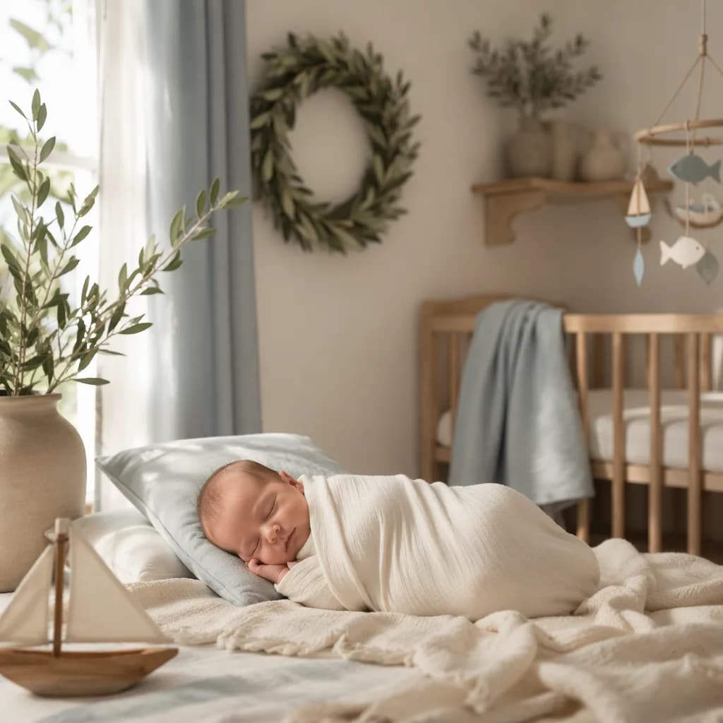 A peaceful Greek-inspired nursery with a swaddled newborn, olive branches, and soft natural light.