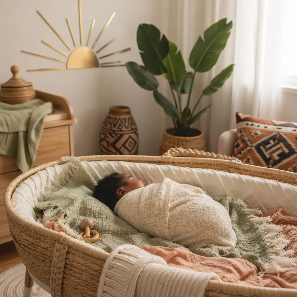 A peaceful Nigerian baby nursery with a swaddled newborn in a woven bassinet and soft pastel decor.