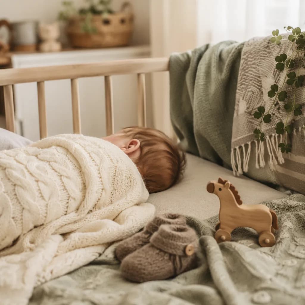 Sleeping baby in a cozy Irish-inspired nursery with soft knit blankets and clover greenery.