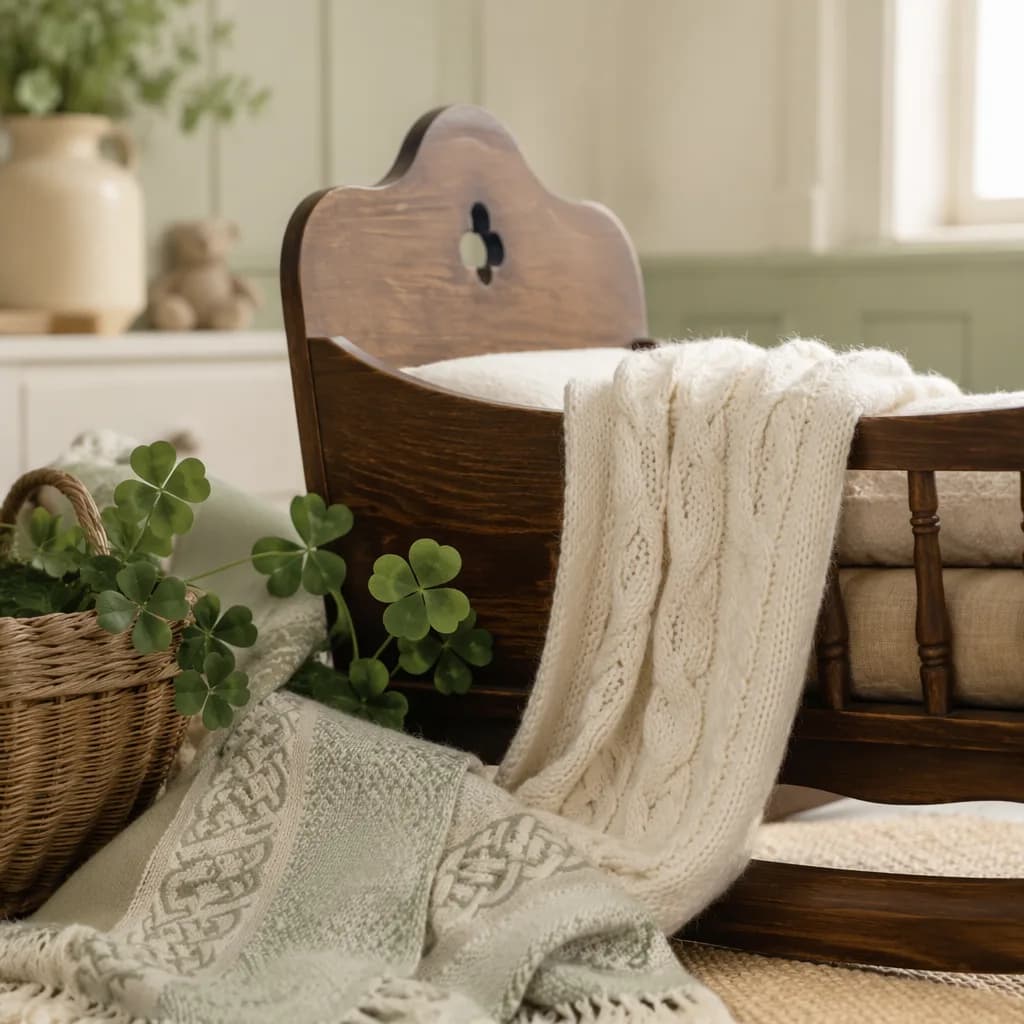 Cozy Irish-inspired nursery still-life with soft blanket, shamrock greenery, and warm natural light.
