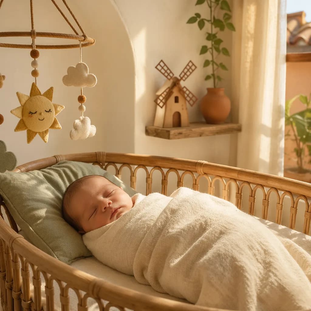 Sleeping swaddled baby in a soft Spanish-inspired nursery with sunlight and a toy windmill.