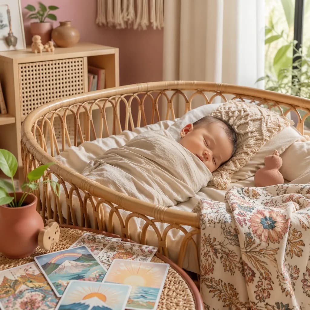 A softly lit Indonesian-inspired nursery with a swaddled baby in a rattan bassinet and pastel picture cards.