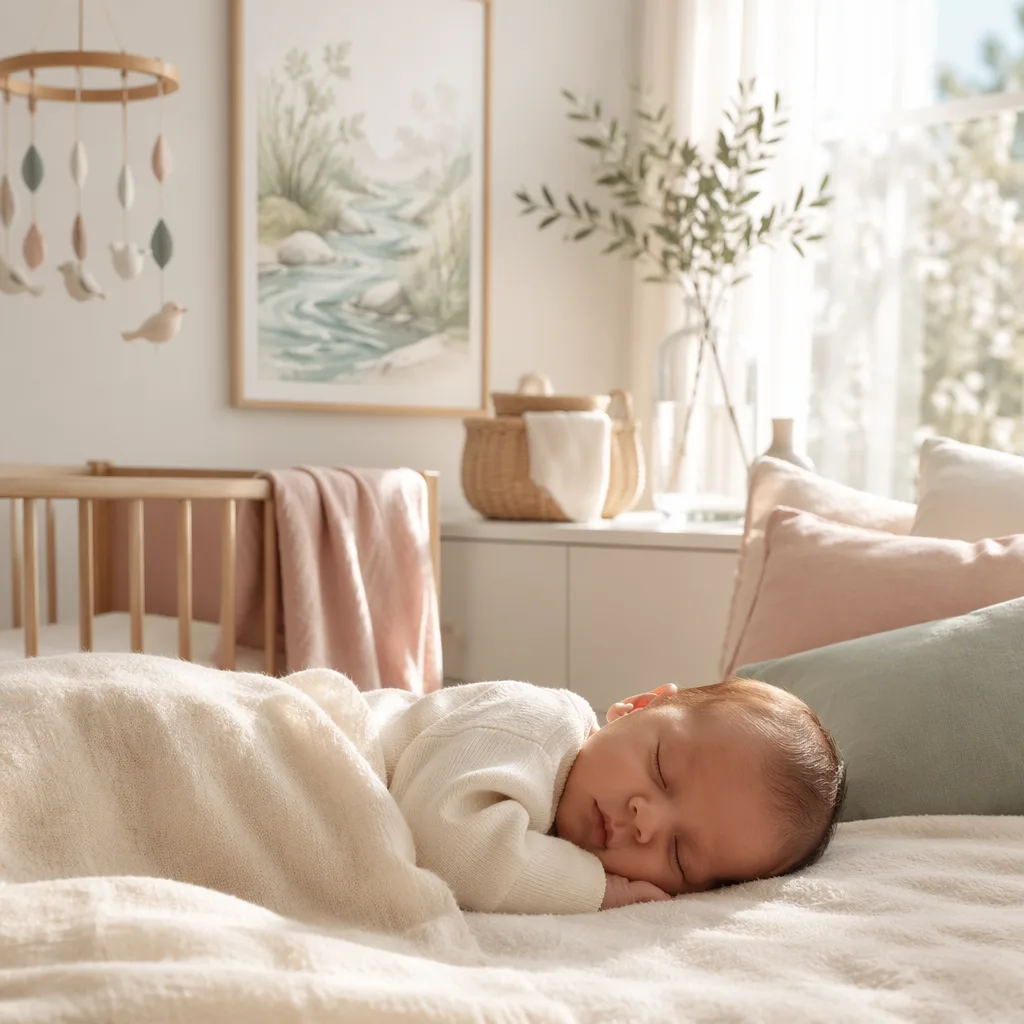 Sleeping newborn in a soft Portuguese-inspired nursery with gentle light and subtle stream decor.
